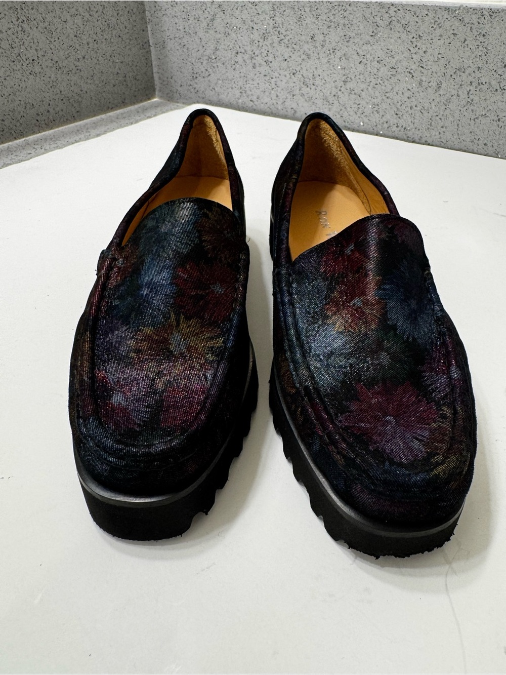 Ron White Rita Black Floral Metallic Floral Printed Cashmere Suede Loafers Sz 37 - Picture 4 of 12
